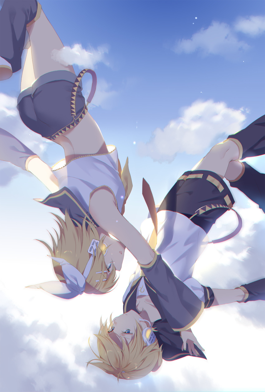 1boy 1girl bangs bare_shoulders bass_clef black_collar black_shorts blonde_hair blue_eyes blue_sky bow clouds collar commentary crop_top detached_sleeves falling grey_collar grey_shorts hair_bow hair_ornament hairclip headphones headset highres hmniao kagamine_len kagamine_rin leg_warmers looking_at_another nail_polish neckerchief necktie outstretched_arm sailor_collar school_uniform shirt short_hair short_ponytail short_shorts short_sleeves shorts sidelighting sky star_(sky) swept_bangs upside-down vocaloid white_bow white_shirt yellow_nails yellow_neckwear