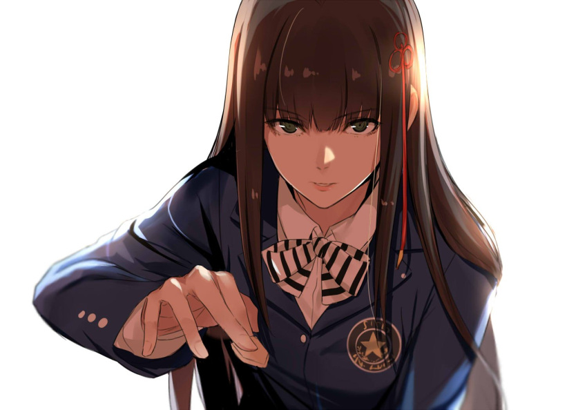 1girl bangs blazer blue_jacket bow brown_hair collared_shirt eyebrows_visible_through_hair green_eyes hair_between_eyes hair_ribbon hair_tie hime_cut isshiki_(ffmania7) jacket leaning_forward long_sleeves looking_at_viewer outstretched_hand parted_lips persona persona_5 ribbon school_uniform shirt striped striped_bow striped_neckwear tougou_hifumi white_shirt