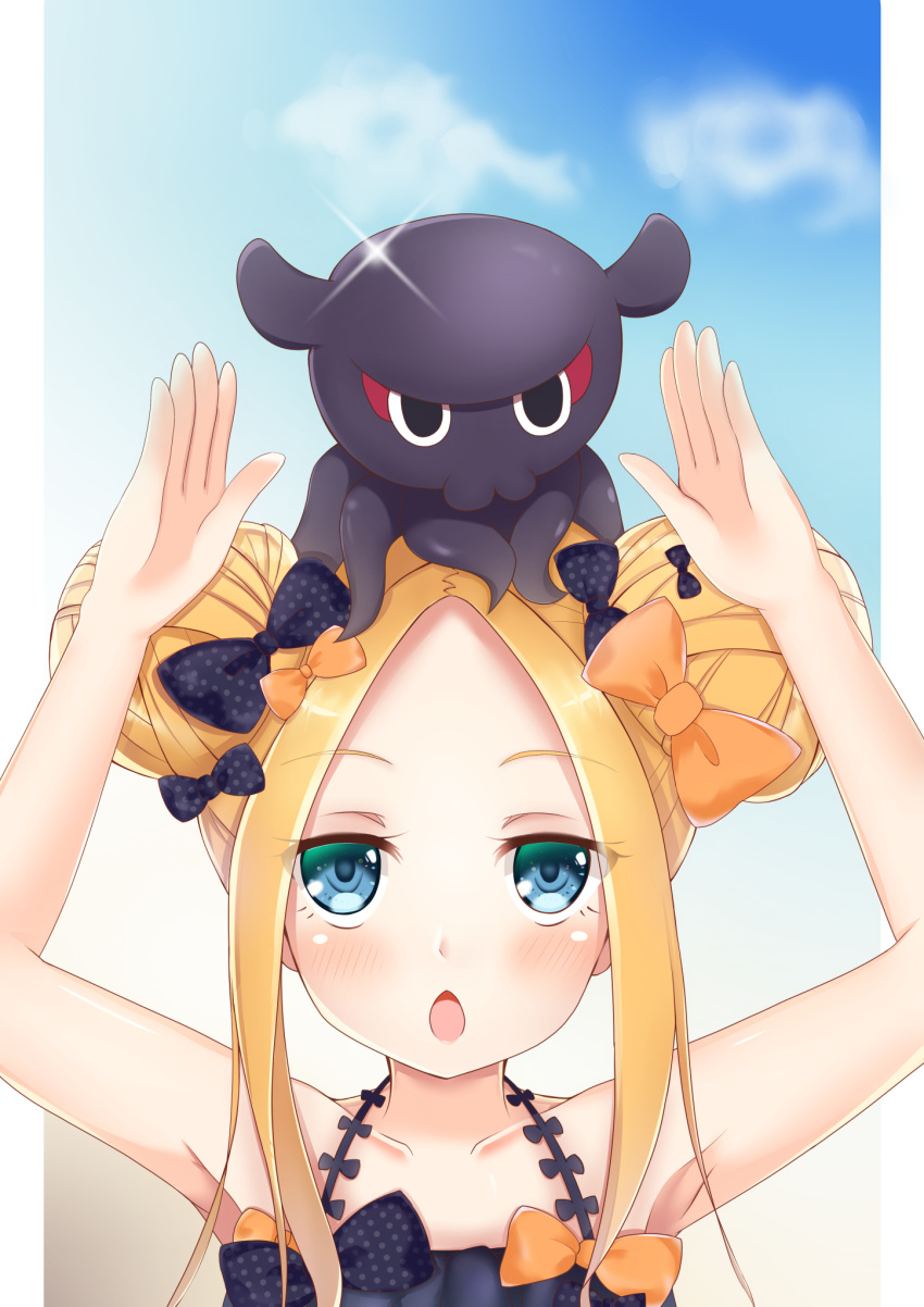 1girl abigail_williams_(fate/grand_order) animal animal_on_head bangs bare_arms bare_shoulders bikini black_bikini black_bow blonde_hair blue_eyes blue_sky blush bow chestnut_mouth clouds collarbone commentary_request day double_bun emerald_float eyebrows_visible_through_hair fate/grand_order fate_(series) hair_bow halter_top halterneck highres kokuto_(kurousagi1210) long_hair octopus on_head orange_bow parted_bangs parted_lips polka_dot polka_dot_bow side_bun sidelocks sky solo swimsuit