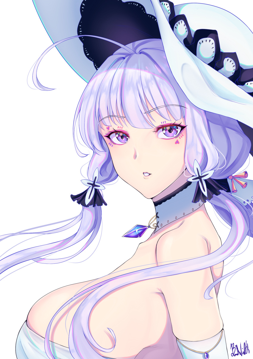 1girl absurdres ahoge artist_name azur_lane band-width breasts dress elbow_gloves eyebrows_visible_through_hair eyeliner facepaint floating_hair gloves hair_ribbon hat highres illustrious_(azur_lane) large_breasts lavender_hair long_hair looking_at_viewer looking_to_the_side low_twintails makeup parted_lips ribbon simple_background solo strapless strapless_dress sun_hat tress_ribbon tri_tails twintails violet_eyes white_background white_dress white_gloves white_hat