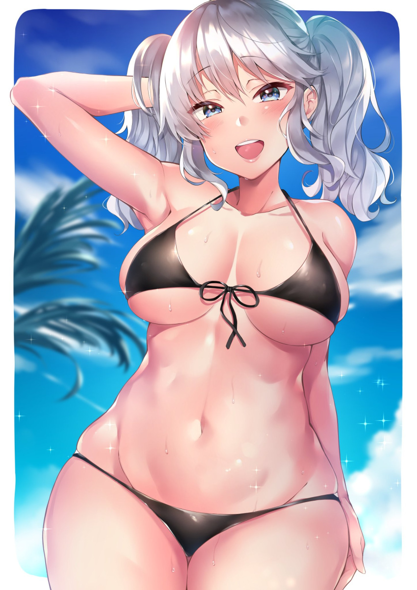 1girl :d arm_at_side arm_up armpits bikini black_bikini blue_eyes blue_sky blurry blurry_background breasts cowboy_shot day depth_of_field eyebrows_visible_through_hair front-tie_bikini front-tie_top halterneck highres kantai_collection kashima_(kantai_collection) large_breasts medium_hair navel open_mouth outdoors sidelocks silver_hair skindentation sky smile solo sweat swimsuit twintails usa_b