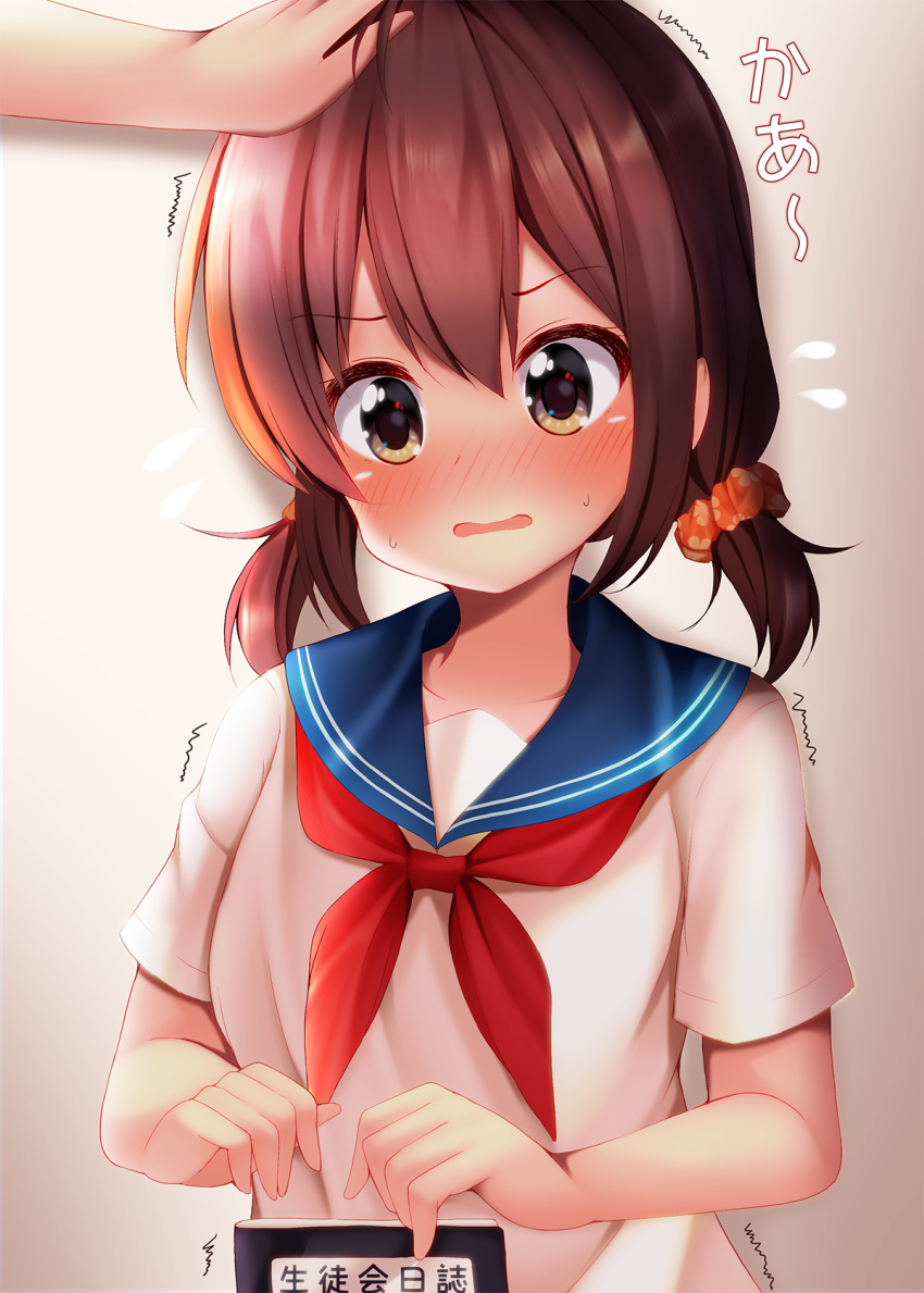 1girl blue_sailor_collar blush brown_eyes brown_hair collarbone flying_sweatdrops hair_ornament hair_scrunchie head_tilt highres low_twintails minato_(ojitan_gozaru) neckerchief nose_blush orange_scrunchie original out_of_frame petting red_neckwear sailor_collar school_uniform scrunchie serafuku shirt short_sleeves solo_focus translated trembling twintails white_shirt