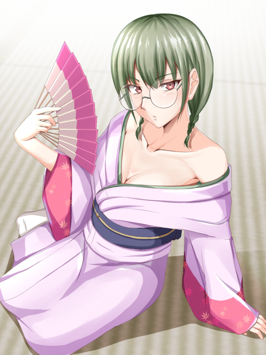 1girl blush braid brown_hair fan folding_fan full_body glasses green_hair highres holding holding_fan japanese_clothes kimono kinokuni_nene long_sleeves looking_at_viewer medium_hair obi purple_kimono sash shaito shokugeki_no_souma sitting solo twin_braids wide_sleeves yokozuwari