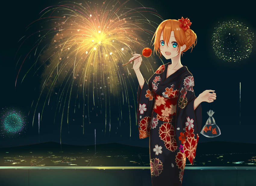 1girl :d bag black_kimono blue_eyes candy_apple eyebrows_visible_through_hair fireworks fish floral_print flower food goldfish hair_between_eyes hair_bun hair_flower hair_ornament highres holding japanese_clothes kimono kousaka_honoka love_live! love_live!_school_idol_project night open_mouth orange_hair outdoors plastic_bag red_flower shiny shiny_hair short_hair smile solo standing tied_hair user_mnwn3283 yukata