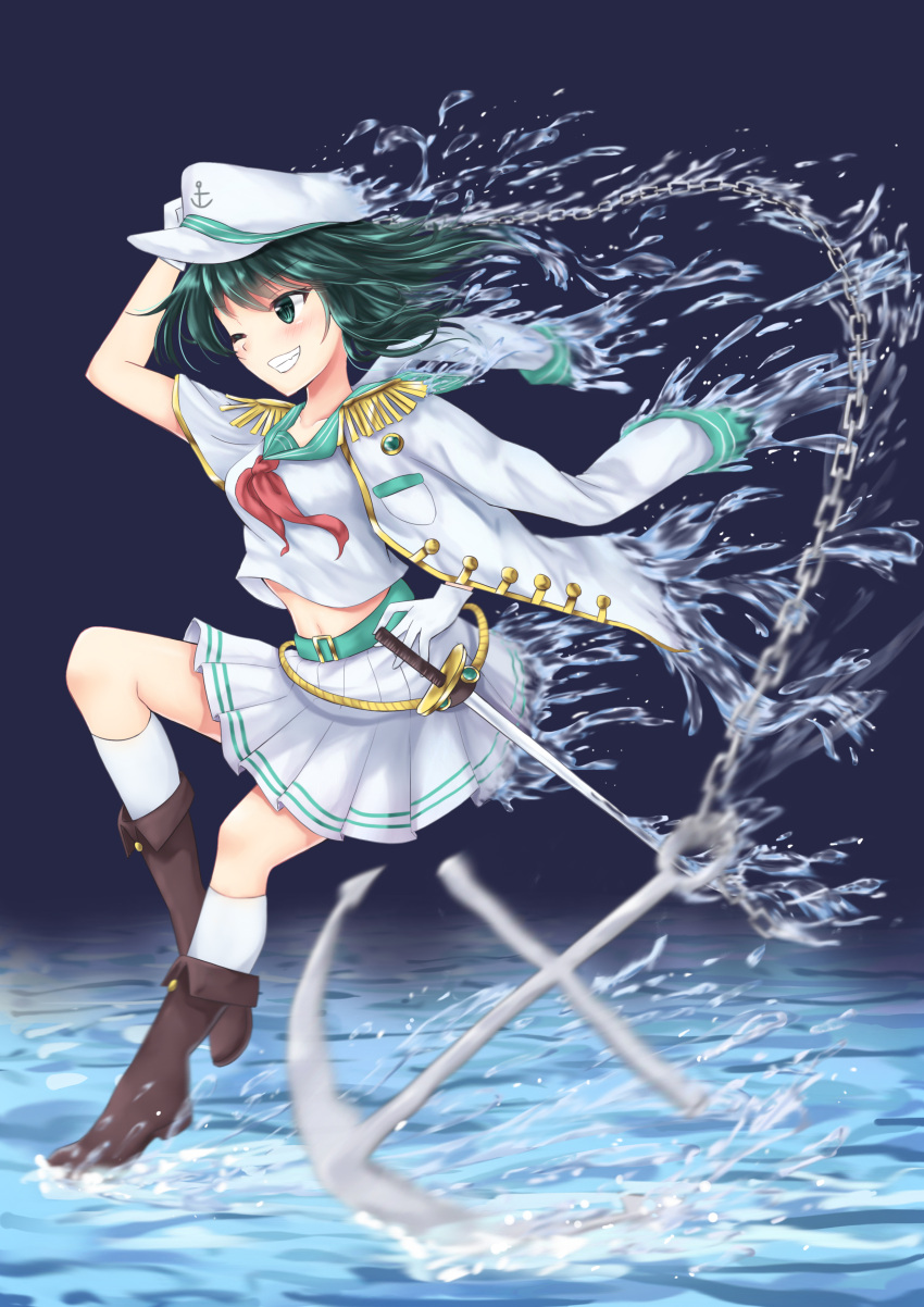 1girl absurdres adapted_costume akiteru98 anchor boots brown_footwear chains coat gloves green_eyes green_hair hat highres jacket_on_shoulders midriff murasa_minamitsu one_eye_closed santa_hat skirt smile splashing sword touhou water weapon white_gloves white_legwear