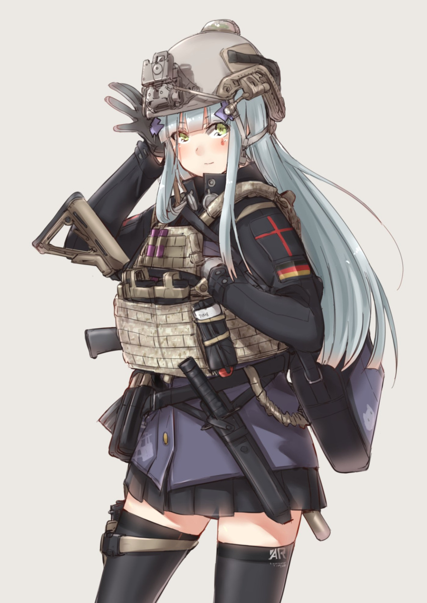 1girl ammunition assault_rifle ayyh blue_hair combat_knife german_flag girls_frontline green_eyes gun handgun heckler_&amp;_koch helmet highres hk416 hk416_(girls_frontline) holster knife knife_holster military_operator night_vision night_vision_device pouch rifle skirt solo vest weapon