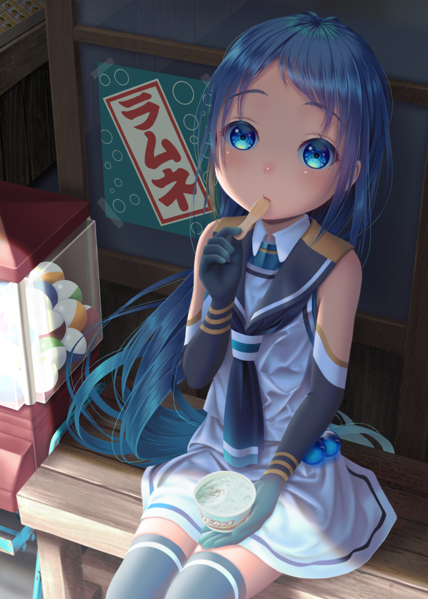 1girl bangs black_legwear blue_eyes blue_hair eating elbow_gloves food gachapon gloves gradient_hair hand_up hane_yoshiyumi highres ice_cream interior kantai_collection long_hair looking_at_viewer multicolored_hair neckerchief sailor_collar samidare_(kantai_collection) school_uniform serafuku shirt sitting sleeveless sleeveless_shirt solo swept_bangs thigh-highs very_long_hair zettai_ryouiki