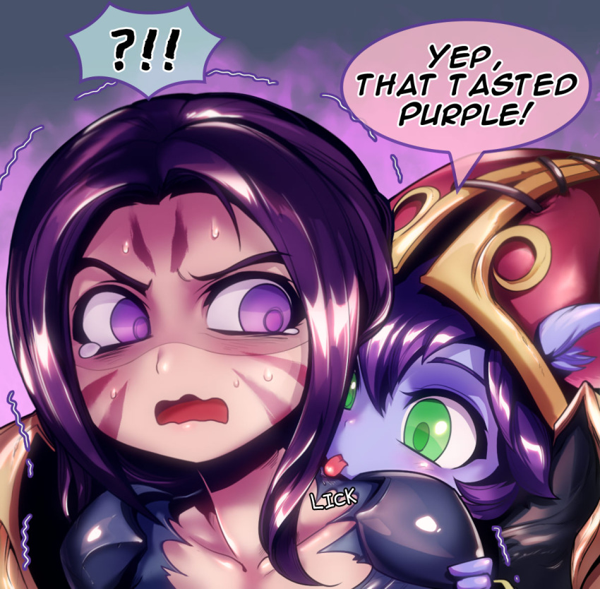 2girls :p ?!! animal_ears blue_skin english facial_mark green_eyes hand_on_another's_shoulder hat kai'sa league_of_legends licking lulu_(league_of_legends) multiple_girls open_mouth phantom_ix_row purple_hair scared speech_bubble sweatdrop tears text_focus tongue tongue_out trembling violet_eyes wavy_mouth witch_hat yordle