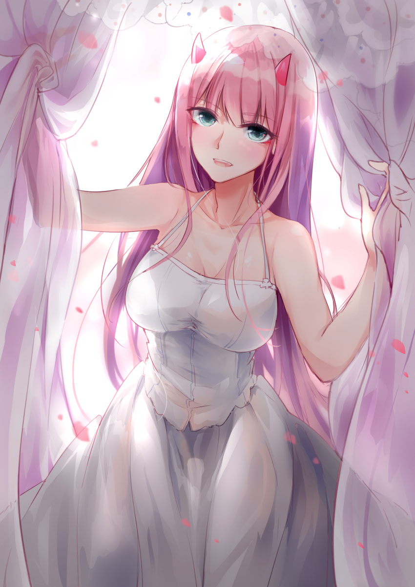 :d absurdres artist_request bangs bare_shoulders blue_eyes breasts cleavage collarbone curtains darling_in_the_franxx dress eyebrows_visible_through_hair highres long_hair looking_at_viewer medium_breasts oni_horns open_mouth petals pink_hair red_horns smile very_long_hair white_dress zero_two_(darling_in_the_franxx)