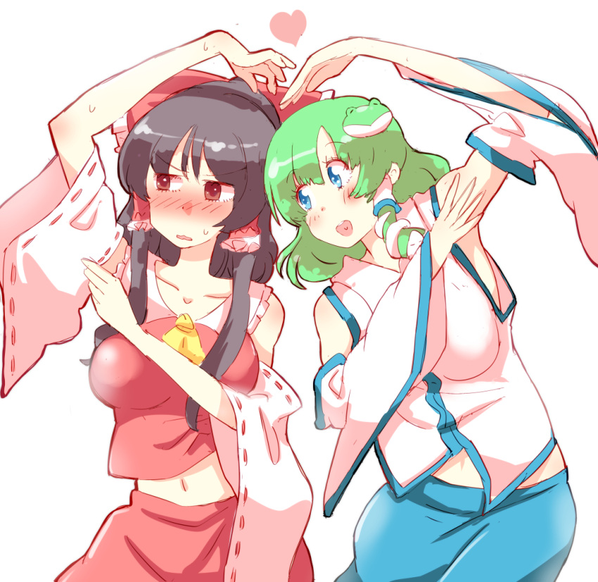 2girls black_hair blue_eyes blush bow brown_eyes collarbone detached_sleeves frog_hair_ornament green_hair hair_bow hair_ornament hair_tubes hakurei_reimu heart heart_arms looking_at_another looking_away midriff multiple_girls non_(z-art) open_mouth red_ribbon ribbon ribbon-trimmed_sleeves ribbon_trim snake_hair_ornament touhou upper_body white_background wide_sleeves