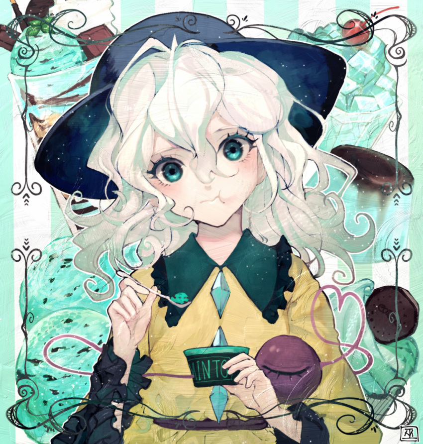 1girl :t black_hat blouse cherry chocolate commentary_request eating food frilled_shirt_collar frilled_sleeves frills fruit hair_between_eyes hat head_tilt heart heart_of_string ice_cream komeiji_koishi looking_at_viewer mochacot pudding solo striped striped_background third_eye touhou upper_body white_hair