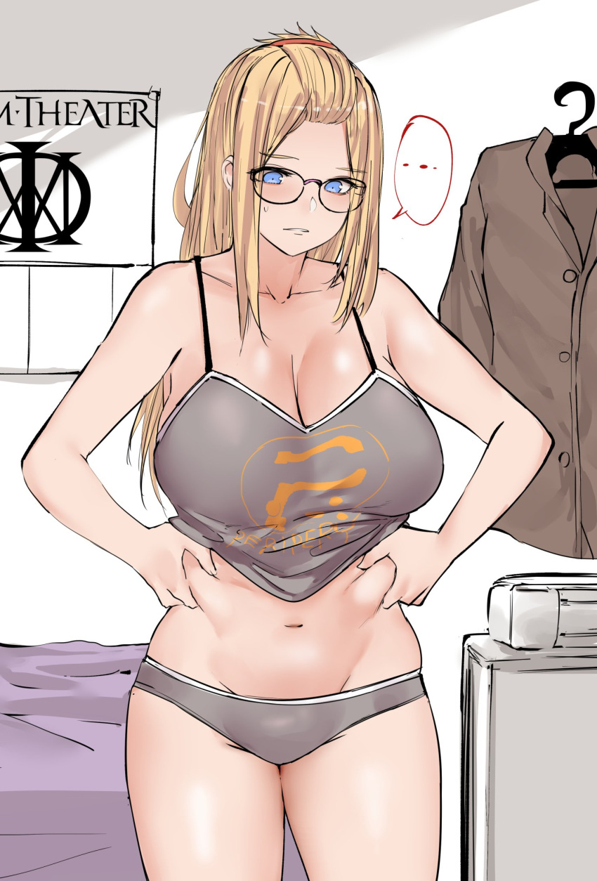 1girl bare_shoulders bed bed_sheet bespectacled blonde_hair blue_eyes breasts brown_jacket cleavage collarbone commentary curvy english_commentary glasses grey_tank_top hair_ornament hairclip hangar highres holding_stomach jacket large_breasts long_hair love_handles midriff navel norman_maggot original parted_lips poster_(object) sidelocks solo spaghetti_strap sweatdrop tank_top underwear