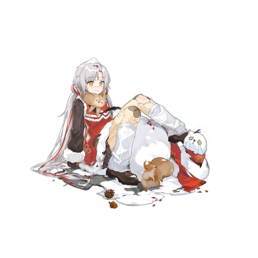 1girl aug_para_(girls_frontline) blush full_body girls_frontline heavy_breathing highres long_hair looking_at_viewer lying official_alternate_costume official_art scarf shoes silver_hair smile_(mm-l) snow snowman solo squirrel torn_clothes transparent_background twintails winter_clothes yellow_eyes