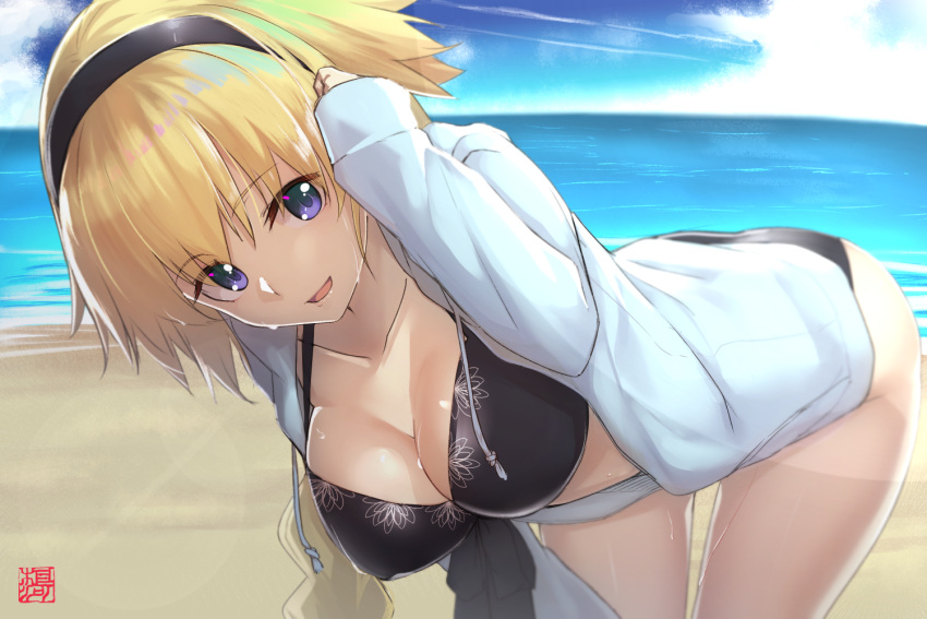1girl bangs beach bending_forward bikini black_bikini blonde_hair blue_eyes blue_jacket blue_sky blurry breasts cleavage commentary_request cowboy_shot depth_of_field eyebrows_visible_through_hair fate/apocrypha fate/grand_order fate_(series) goemon1110 hair_flip hairband hood hooded_jacket jacket jeanne_d'arc_(fate)_(all) jeanne_d'arc_(swimsuit_archer) large_breasts long_hair looking_at_viewer ocean open_clothes open_jacket outdoors signature sky smile swimsuit thighs very_long_hair