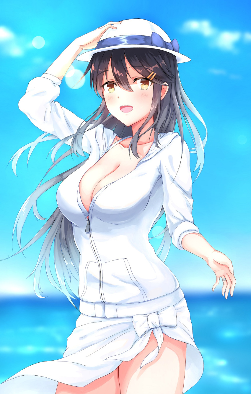 1girl bikini bikini_under_clothes blue_bow blue_sky blush bow breasts eyebrows_visible_through_hair hair_between_eyes hair_ornament hairclip haruna_(kantai_collection) hat hat_bow highres jewelry kantai_collection large_breasts long_hair long_sleeves looking_at_viewer maki_(pixiv9288678) ocean open_mouth ring sky swimsuit wedding_ring white_bikini