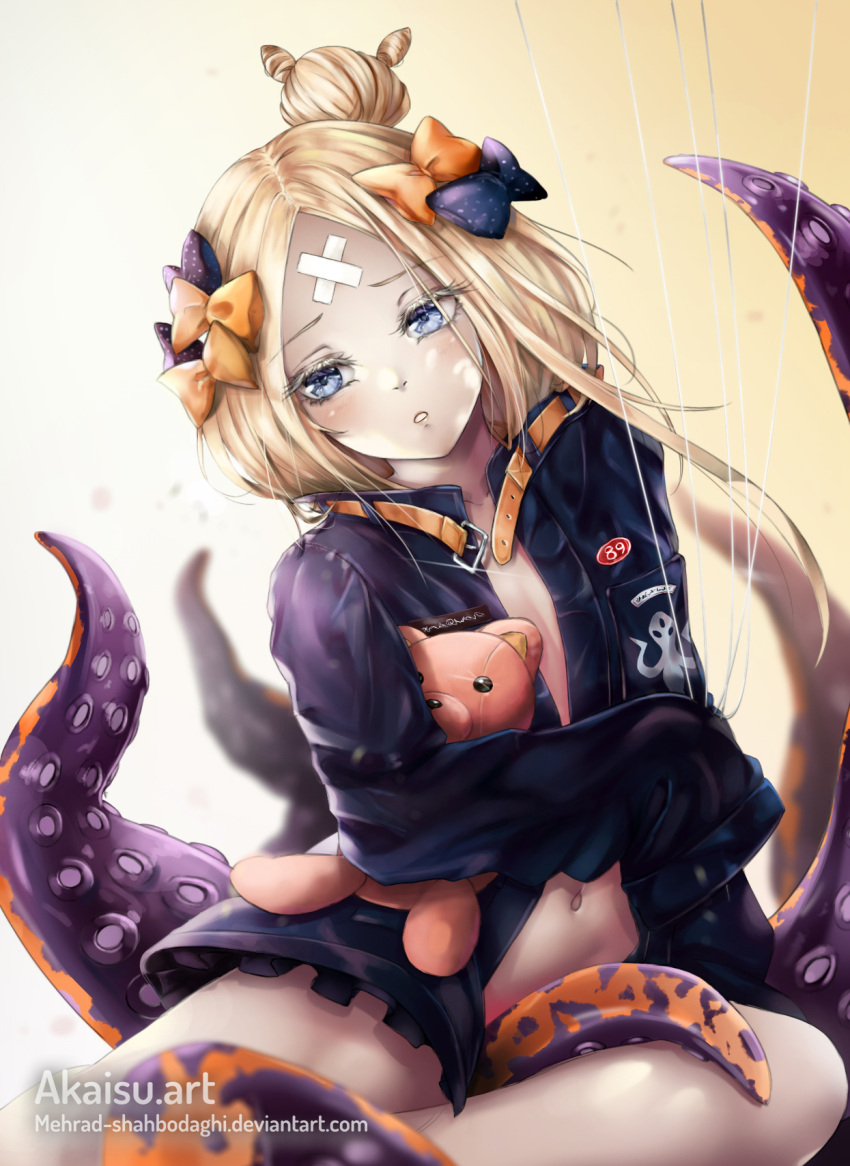 1girl :o abigail_williams_(fate/grand_order) akais bandaid_on_forehead bangs belt black_bow blonde_hair blue_eyes blush bow fate/grand_order fate_(series) hair_bow hair_bun heroic_spirit_traveling_outfit highres holding holding_stuffed_animal long_hair looking_at_viewer navel orange_bow parted_bangs pocket polka_dot polka_dot_bow simple_background solo stuffed_animal stuffed_toy teddy_bear tentacle watermark web_address white_string