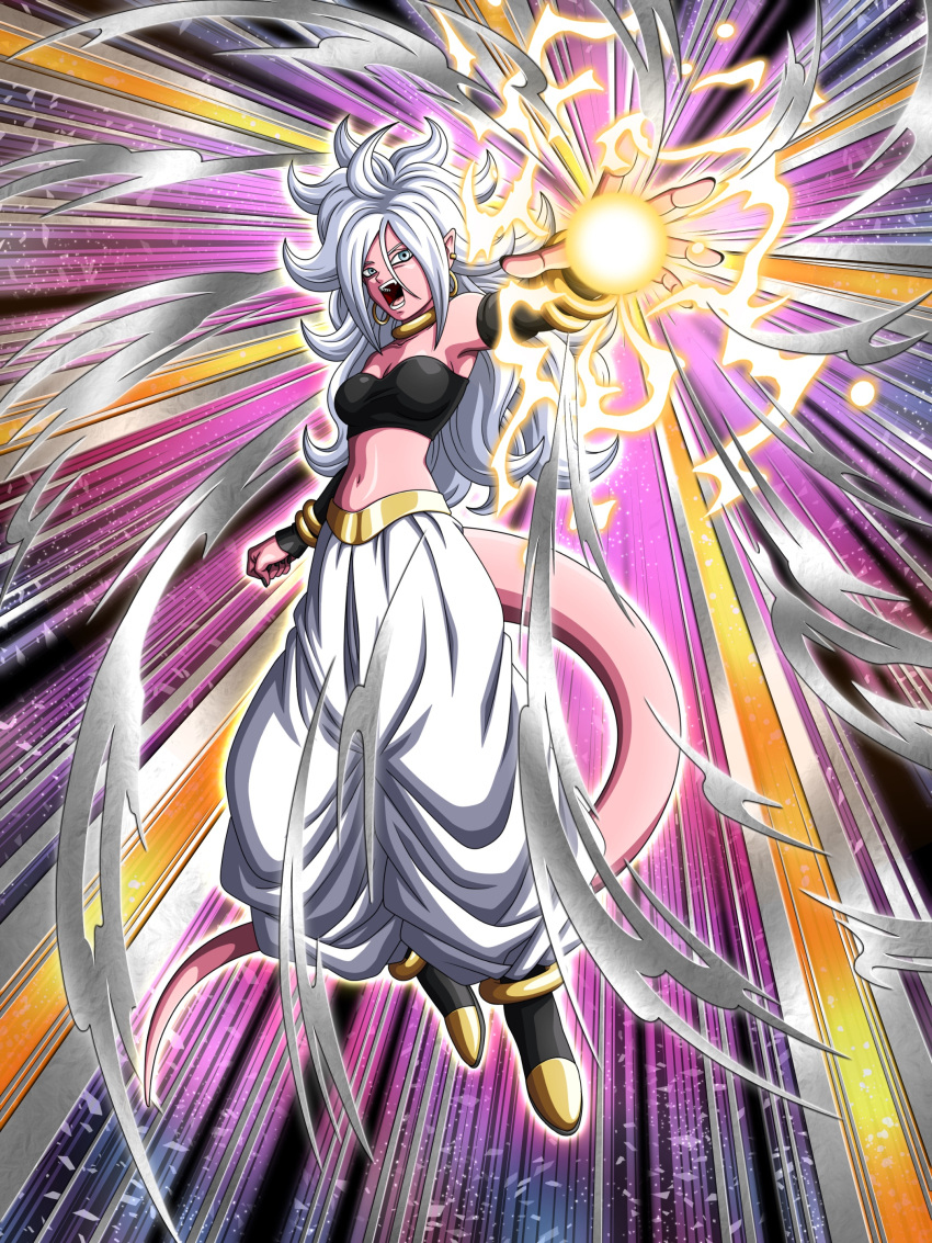 1girl :o absurdres android_21 android_21_(good) black_footwear black_sleeves black_tubetop blue_eyes boots breasts curly_hair dbkenkyuusei detached_sleeves dragon_ball dragon_ball_fighterz earrings energy_ball fangs floating harem_pants highres hoop_earrings jewelry long_hair majin_android_21 medium_breasts midriff monster_girl navel pants pink_skin pointy_ears solo strapless tail tubetop white_hair white_pants