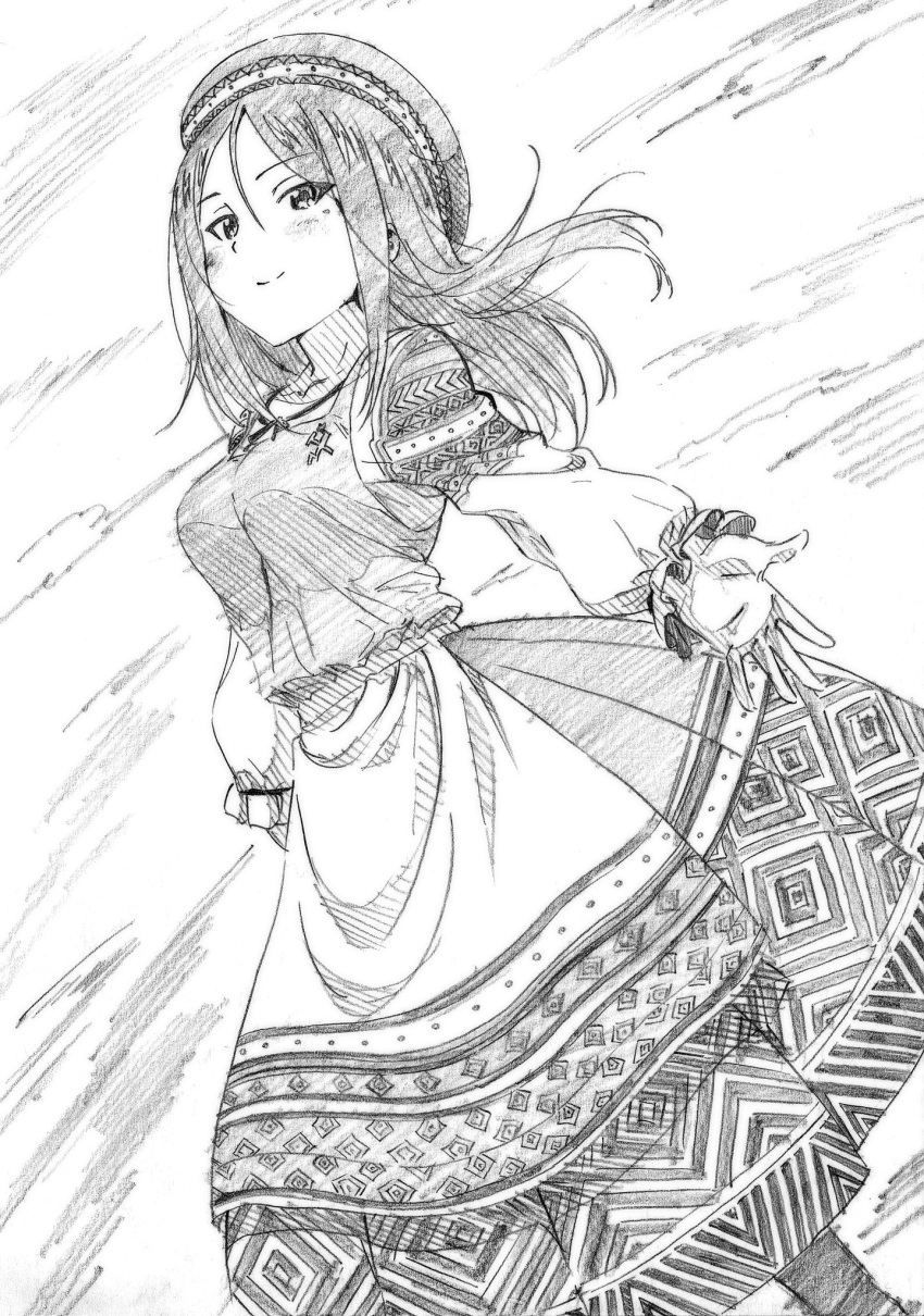 1girl alternate_costume bangs blush closed_mouth commentary dress emblem eyebrows_visible_through_hair girls_und_panzer graphite_(medium) greyscale hat highres long_dress long_hair long_sleeves looking_at_viewer monochrome nonna pink_x pravda_(emblem) reaching_out russian_clothes sketch smile solo standing swept_bangs traditional_media wind
