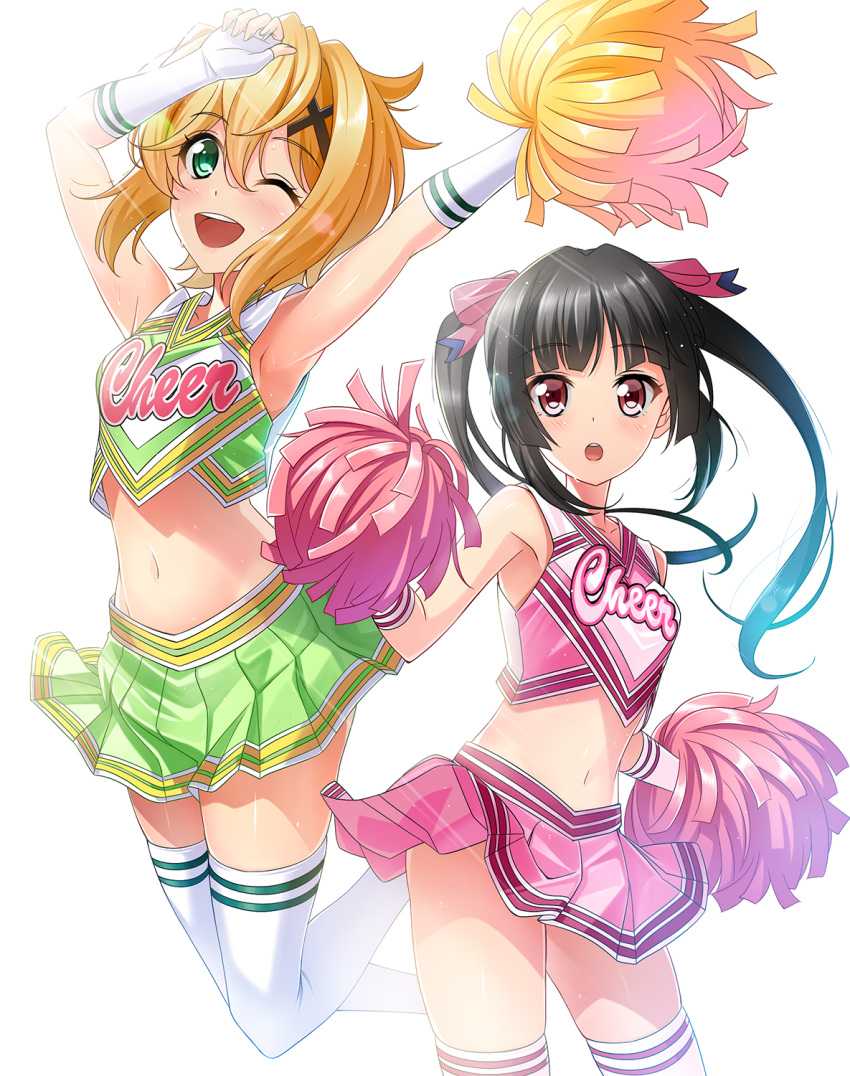 2girls :d :o akatsuki_kirika alternate_costume armpits arms_up black_hair blonde_hair cheerleader clothes_writing commentary crop_top cursive dress elbow_gloves english eyebrows_visible_through_hair fading gloves green_eyes green_shirt green_skirt hair_ornament highres holding long_hair midriff miniskirt multiple_girls navel nyanmaru open_mouth pink_shirt pink_skirt pleated_skirt pom_poms print_legwear senki_zesshou_symphogear shirt short_hair skindentation skirt sleeveless sleeveless_dress smile striped striped_skirt sweat thigh-highs tsukuyomi_shirabe twintails v-neck violet_eyes white_gloves white_legwear x_hair_ornament