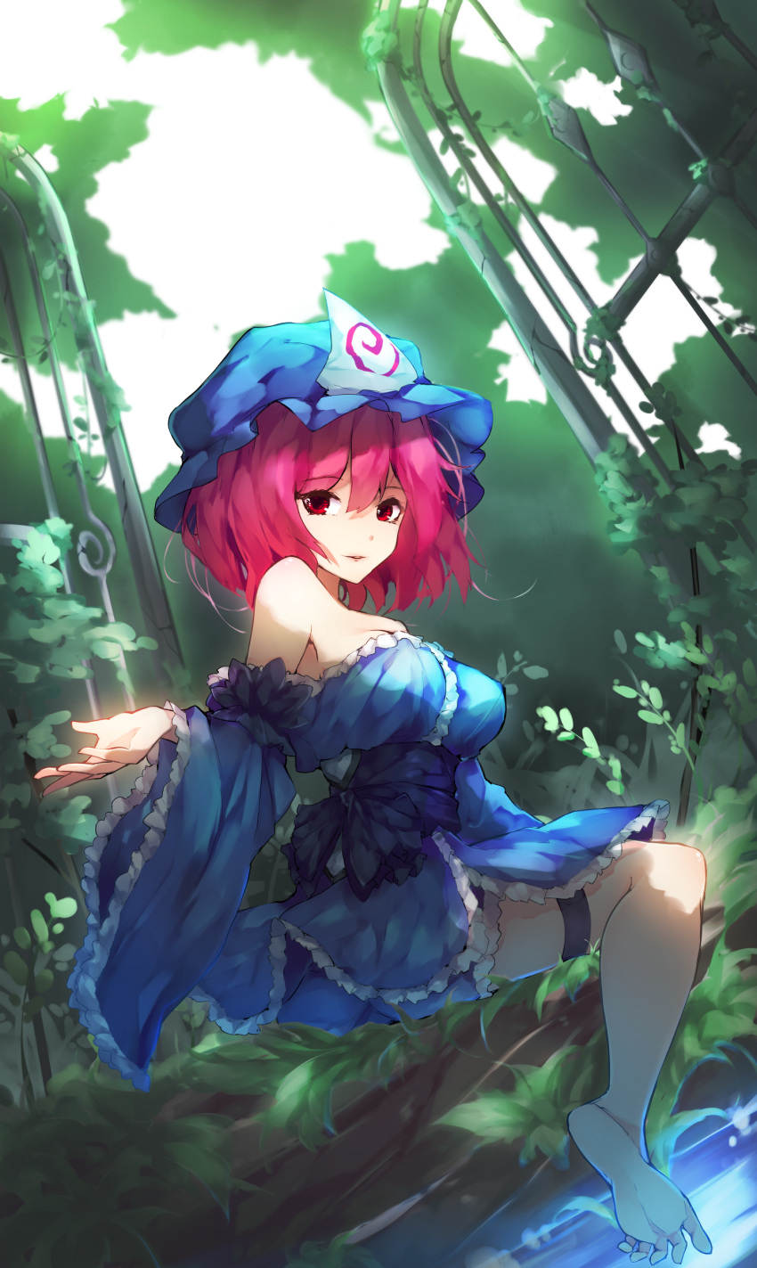 1girl absurdres bangs bare_shoulders barefoot blue_dress blue_hat breasts chiroru_(cheese-roll) commentary dress eyebrows_visible_through_hair frills hair_between_eyes hand_up hat highres large_breasts leaf long_sleeves mob_cap nature off_shoulder parted_lips pink_hair red_eyes saigyouji_yuyuko short_dress short_hair sitting solo thigh_strap thighs touhou triangular_headpiece water wide_sleeves