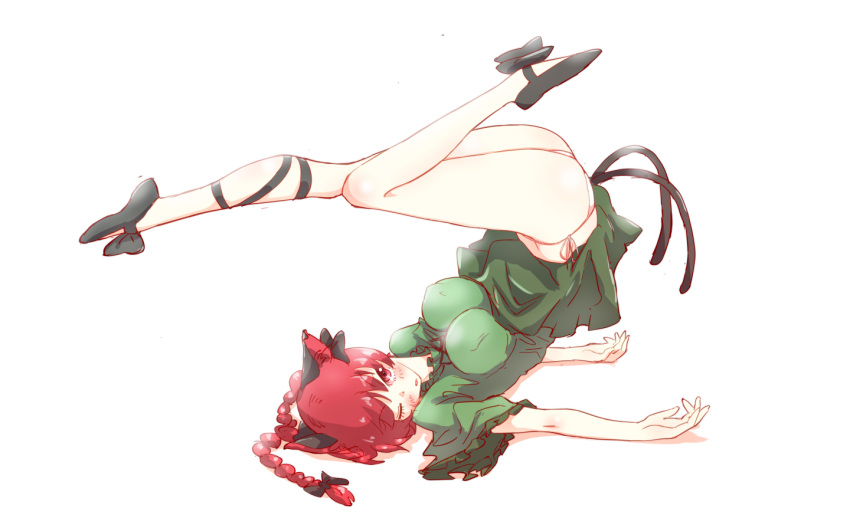 1girl animal_ears black_footwear braid breasts cat_ears cat_tail covered_nipples full_body kaenbyou_rin looking_at_viewer lying medium_breasts multiple_tails non_(z-art) on_back one_eye_closed panties pantyshot pantyshot_(lying) red_eyes redhead shirt shoes short_hair short_sleeves side-tie_panties simple_background skirt solo tail top-down_bottom-up touhou twin_braids two_tails underwear white_background wide_sleeves