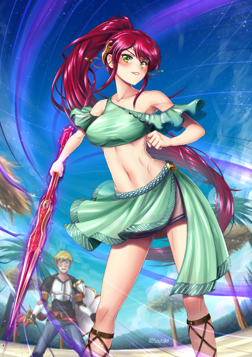 1boy 1girl adsouto arm_strap artist_name bangs beach blonde_hair blue_pants blush breastplate breasts collarbone crop_top day earrings erect_nipples floating_hair from_below gluteal_fold green_eyes grin headpiece high_ponytail highres holding holding_shield holding_sword holding_weapon jaune_arc jewelry large_breasts long_hair midriff navel outdoors palm_tree pants pyrrha_nikos redhead rwby shield skirt smile solo_focus standing stomach swept_bangs sword tree very_long_hair weapon