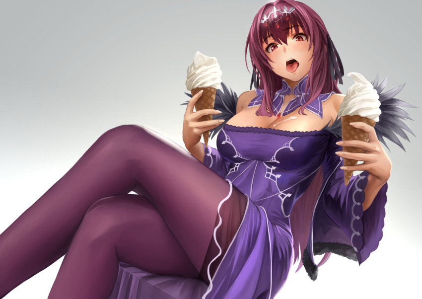 1girl :o breasts cleavage dress fate/grand_order fate_(series) food food_on_breasts gradient gradient_background grey_background ice_cream ice_cream_cone long_hair looking_at_viewer open_mouth pantyhose purple_dress purple_hair purple_legwear red_eyes scathach_(fate)_(all) scathach_skadi_(fate/grand_order) soft_serve solo tongue white_background yamaneko_(tkdrumsco)