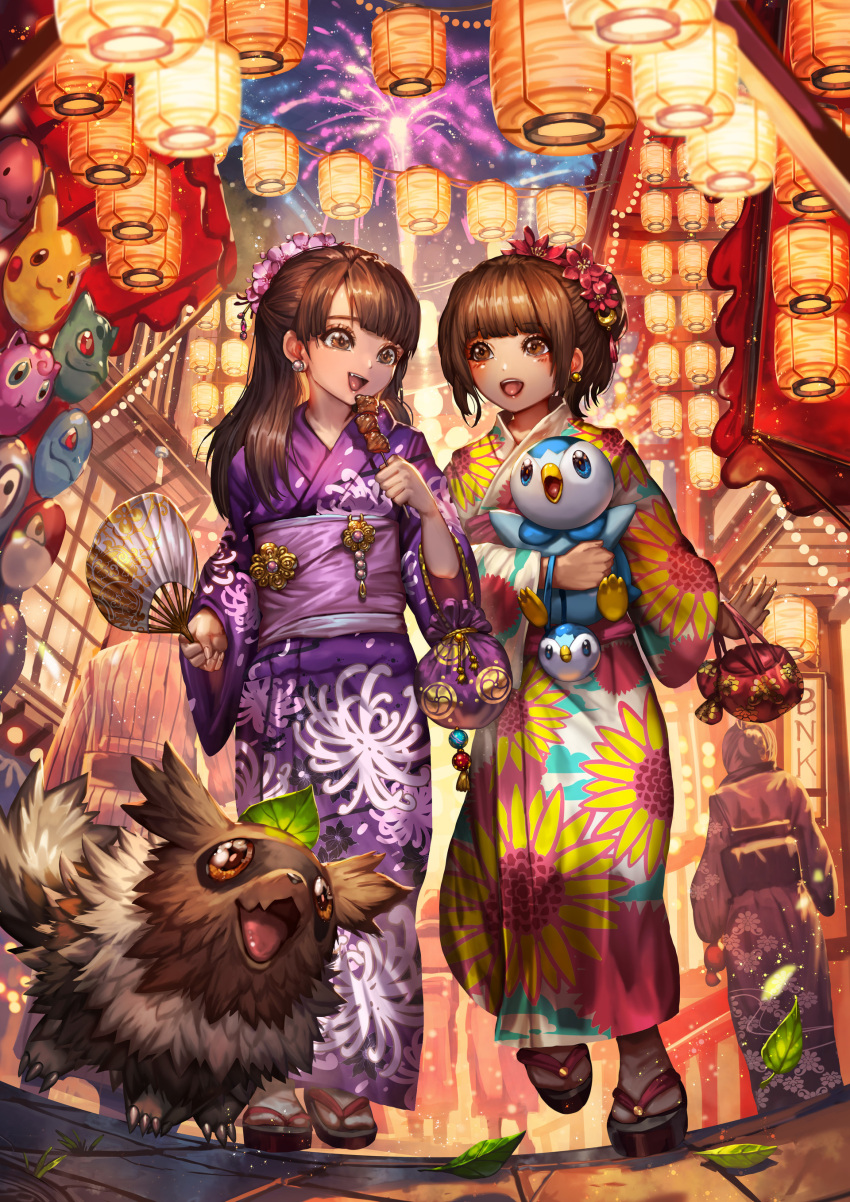 2girls :d absurdres bulbasaur commentary commission creatures_(company) eating english_commentary fan fireworks floral_print food food_request game_freak gen_1_pokemon gen_3_pokemon gen_4_pokemon highres holding holding_food japanese_clothes jigglypuff kimono kinchaku lantern leaf lickitung long_sleeves multiple_girls night night_sky nintendo open_mouth outdoors paper_fan paper_lantern pikachu piplup pokemon pokemon_(creature) pouch purple_kimono sa-dui sandals signature sky smile squirtle standing summer_festival tabi uchiwa voltorb walking white_legwear wide_sleeves yukata zigzagoon