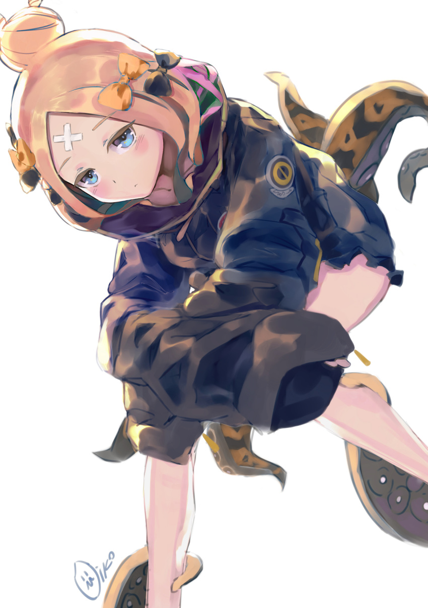 1girl abigail_williams_(fate/grand_order) absurdres alternate_hairstyle bandaid_on_forehead bangs belt black_bow black_jacket blonde_hair blue_eyes blush bow fate/grand_order fate_(series) forehead hair_bow hair_bun heroic_spirit_traveling_outfit high_collar highres jacket legs long_hair looking_at_viewer orange_bow parted_bangs polka_dot polka_dot_bow simple_background sitting sleeves_past_fingers sleeves_past_wrists solo tentacle thighs white_background yonago_miko