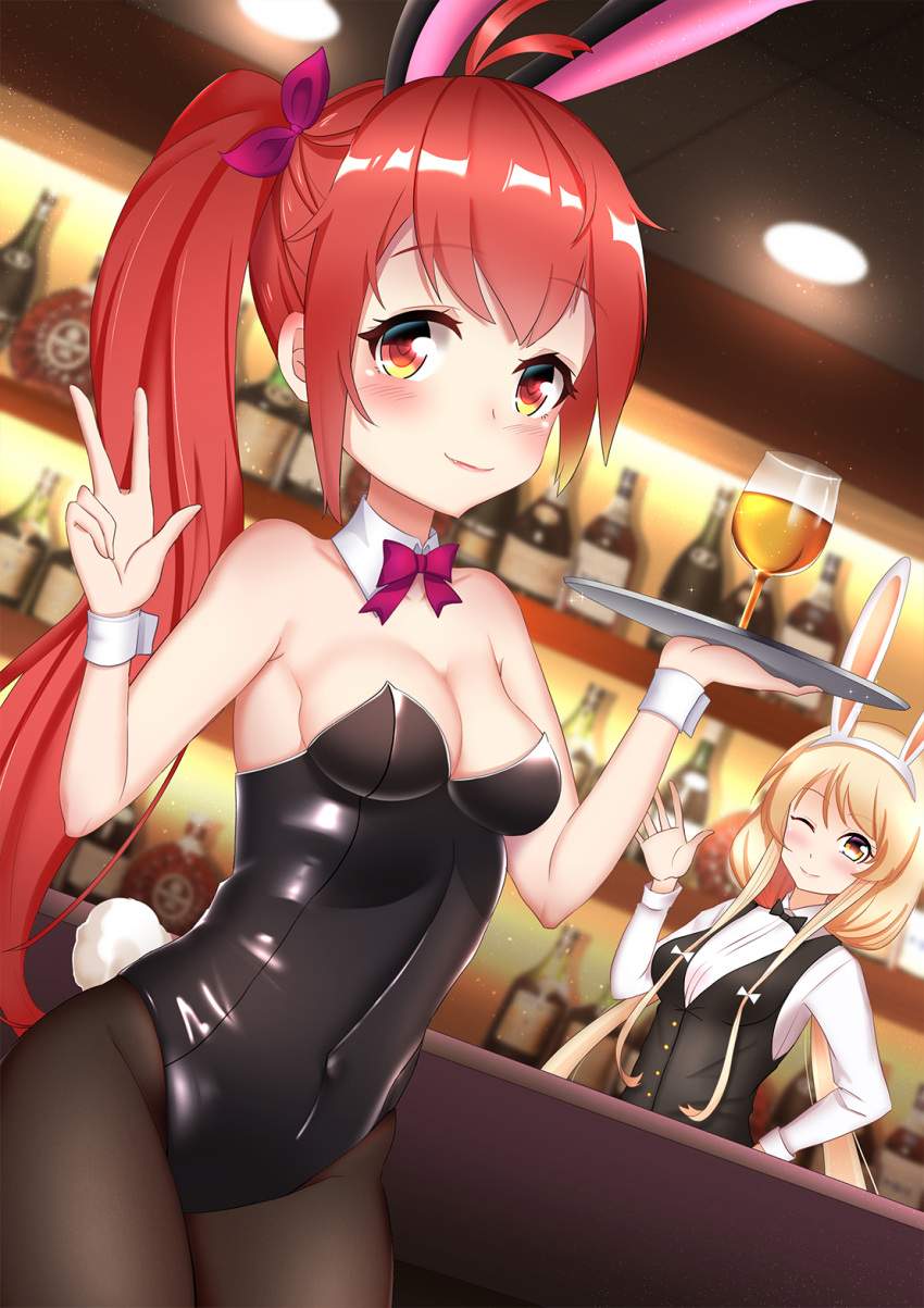 2girls ;) alcohol animal_ears azur_lane bailey_(azur_lane) bangs bare_shoulders benson_(azur_lane) black_legwear black_vest blonde_hair blurry blurry_background blush breasts brown_eyes bunny_girl bunny_tail bunnysuit ceiling_light cleavage closed_mouth collarbone commentary_request covered_navel cup depth_of_field detached_collar detached_sleeves drink drinking_glass eyebrows_visible_through_hair fang fang_out hand_on_hip hand_up heart heart-shaped_pupils highres holding holding_tray indoors leng_xiao leotard long_hair long_sleeves low_twintails medium_breasts multiple_girls one_eye_closed pantyhose rabbit_ears red_eyes redhead shirt side_ponytail smile strapless strapless_leotard symbol-shaped_pupils tail tray twintails very_long_hair vest white_collar white_shirt wine_glass wrist_cuffs