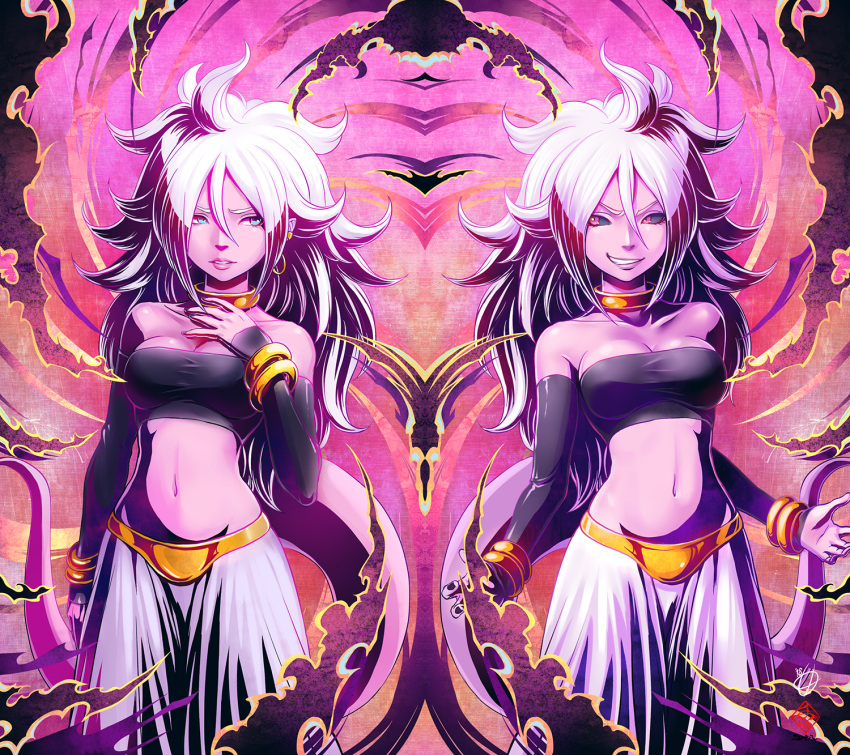 2girls android_21 android_21_(evil) android_21_(good) black_nails black_sclera black_sleeves blue_eyes bracelet breasts choker cleavage detached_sleeves dragon_ball dragon_ball_fighterz dual_persona earrings harem_pants highres hoop_earrings jewelry large_breasts long_hair majin_android_21 midriff monster_girl multiple_girls nail_polish navel pants pink_skin pointy_ears red_eyes smirk strapless tail tete_(amakuchichiyoko) tubetop white_hair
