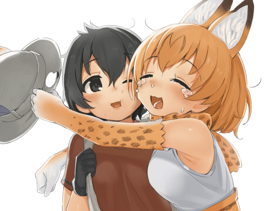 2girls ;d absurdres ahoge animal_ears animal_print armpit_peek backpack bag bare_shoulders black_eyes black_gloves black_hair blush bow bowtie cheek-to-cheek clenched_hand closed_eyes crying dirty_face elbow_gloves extra_ears eyebrows_visible_through_hair eyelashes facing_another gloves hair_between_eyes happy happy_tears hat hat_feather hat_removed headwear_removed helmet high-waist_skirt highres holding holding_hat hug kaban_(kemono_friends) kemono_friends looking_at_another looking_to_the_side multiple_girls one_eye_closed open_mouth orange_hair pith_helmet print_bow print_gloves print_neckwear red_shirt runny_nose seramikku serval_(kemono_friends) serval_ears serval_print shirt short_hair short_sleeves simple_background skirt sleeveless sleeveless_shirt smile tareme tears teeth tongue upper_body white_background white_shirt |3