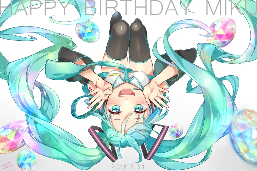 1girl 2016 :d blue_eyes blue_hair blue_neckwear blurry breasts character_name dated depth_of_field detached_sleeves eyebrows_visible_through_hair eyelashes fingernails floating_hair gem gradient gradient_background grey_background hands_on_own_face happy happy_birthday hatsune_miku long_hair looking_at_viewer necktie open_mouth sakikko simple_background smile solo thigh-highs thighs twintails upside-down very_long_hair vocaloid white_background