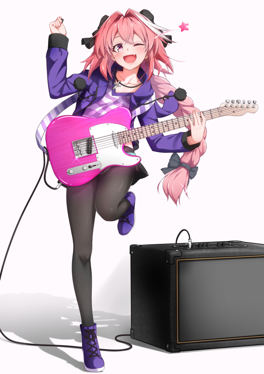 1boy ;d amplifier arm_up astolfo_(fate) bangs black_bow black_legwear black_ribbon black_skirt blush boots bow braid breast_pocket cable collarbone commentary electric_guitar eyebrows_visible_through_hair fang fate/apocrypha fate_(series) floating_hair full_body glint guitar hair_between_eyes hair_bow hair_intakes hair_ribbon head_tilt highres holding holding_instrument hood hood_down hoodie instrument jewelry leg_up long_hair long_sleeves looking_at_viewer male_focus miniskirt multicolored_hair music necklace one_eye_closed open_clothes open_hoodie open_mouth otoko_no_ko pantyhose pink_eyes pink_hair playing_instrument pleated_skirt plectrum pocket pom_pom_(clothes) purple_footwear purple_hoodie purple_shirt ribbon shadow shiny shiny_hair shirt sidelocks simple_background single_braid skirt smile solo standing standing_on_one_leg star streaked_hair striped striped_shirt takatun223 very_long_hair white_background white_hair