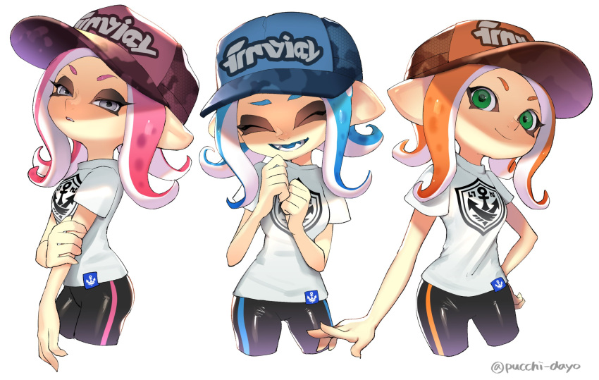 agent_8 bike_shorts blue_hair cephalopod_eyes commentary domino_mask fangs green_eyes grey_eyes hat highres makeup mascara mask octarian octoling orange_hair pink_hair pointy_ears puchiman shirt single_vertical_stripe splatoon splatoon_2 splatoon_2:_octo_expansion suction_cups t-shirt tentacle_hair