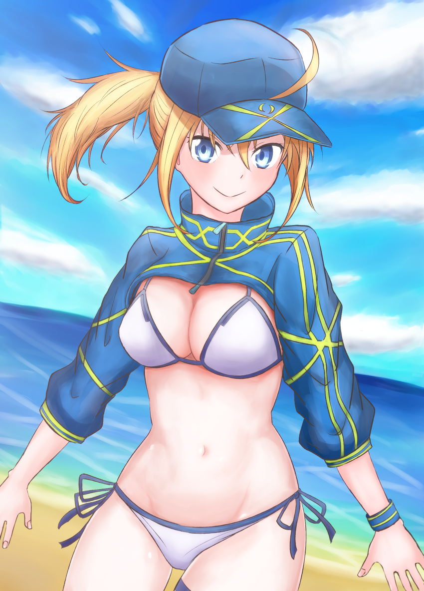 1girl absurdres admjgdme ahoge artoria_pendragon_(all) baseball_cap beach bikini blonde_hair blue_eyes blue_hat blue_jacket breasts cowboy_shot cropped_jacket day fate/grand_order fate_(series) hair_between_eyes hat highres jacket long_hair long_sleeves looking_at_viewer medium_breasts mysterious_heroine_x mysterious_heroine_xx_(foreigner) navel outdoors ponytail popped_collar side-tie_bikini sky smile solo stomach sweatband swimsuit thigh_strap white_bikini zipper