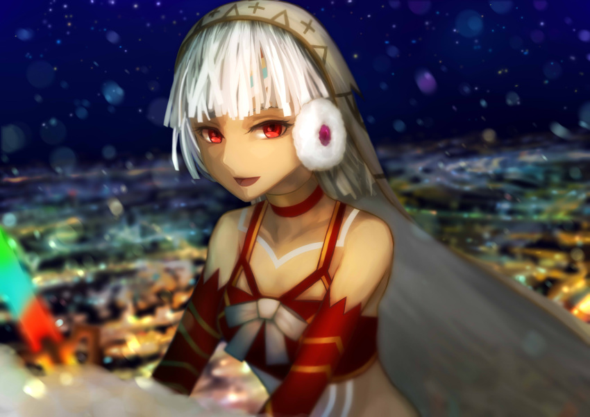 1girl 810eru absurdres altera_(fate) altera_the_santa bangs bare_shoulders collarbone dark_skin detached_sleeves earmuffs fate/grand_order fate_(series) headdress highres looking_at_viewer night night_sky photon_ray red_eyes short_hair sky smile snowing solo tagme tan tattoo white_hair