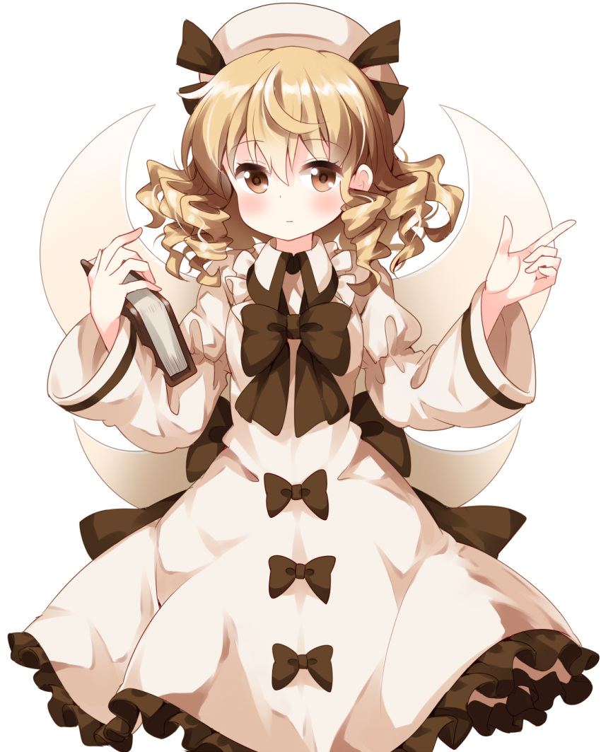 1girl black_bow blonde_hair book bow brown_eyes dress drill_hair eyebrows_visible_through_hair fairy_wings frilled_dress frills hair_between_eyes hat highres index_finger_raised juliet_sleeves long_hair long_sleeves looking_at_viewer luna_child puffy_sleeves ruu_(tksymkw) simple_background solo touhou white_background wide_sleeves wings