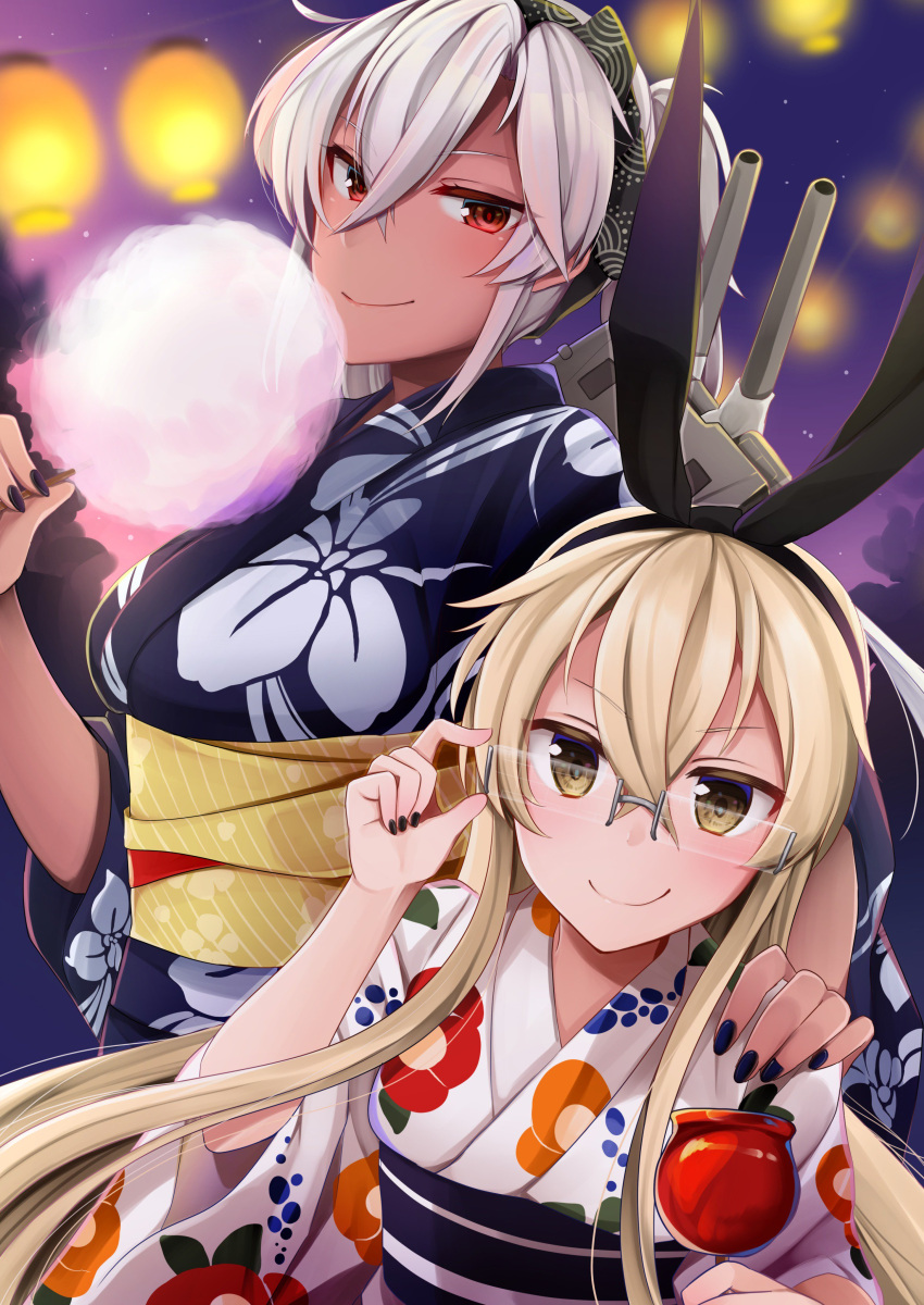 2girls absurdres adjusting_eyewear bespectacled black_hairband blonde_hair blue_kimono blurry brown_eyes candy_apple cannon cotton_candy cowboy_shot dark_skin depth_of_field floral_print food glasses hairband height_difference highres japanese_clothes kantai_collection kimono lantern long_hair machinery multiple_girls musashi_(kantai_collection) night no_eyewear ponytail print_kimono red_eyes shimakaze_(kantai_collection) silver_hair turret white_kimono yukata yunamaro