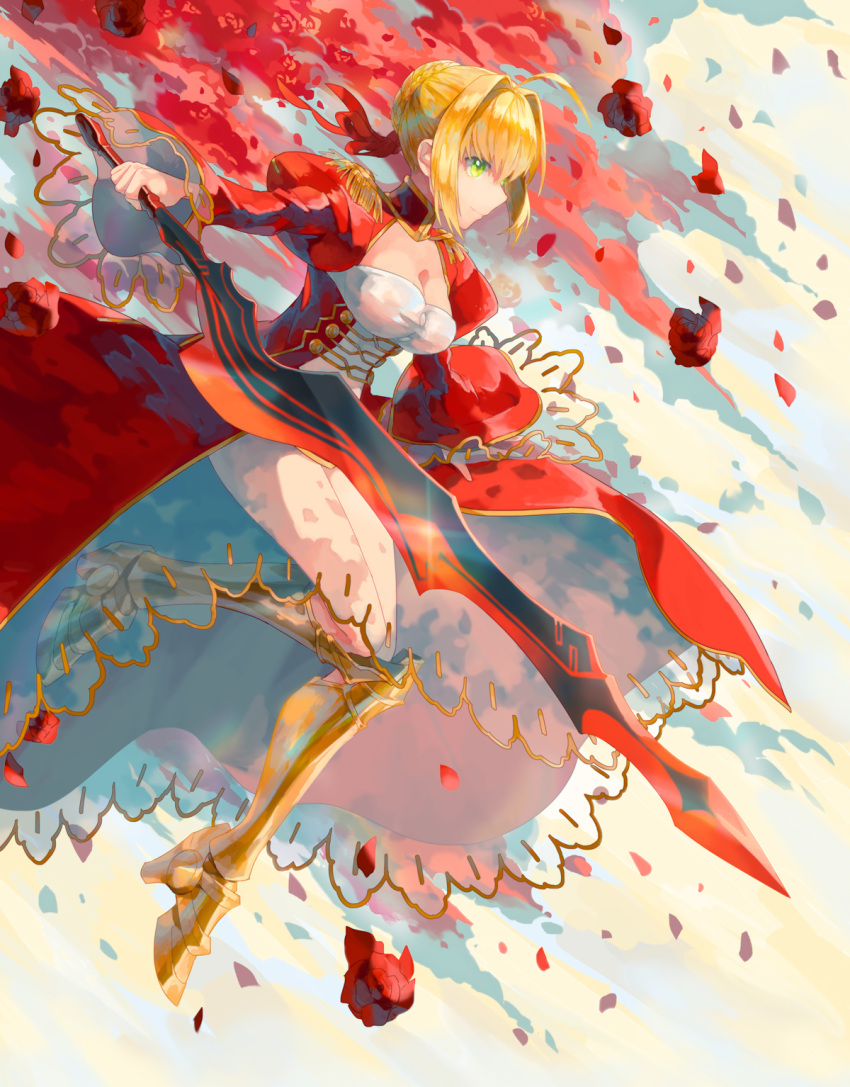 1girl ahoge armored_boots blonde_hair boots breasts choker cleavage dress fate/extra fate_(series) flower full_body green_eyes hair_bun hair_ribbon highres holding holding_sword holding_weapon knee_boots long_dress medium_breasts nero_claudius_(fate) nero_claudius_(fate)_(all) petals red_flower red_ribbon red_rose ribbon rose see-through short_hair sidelocks sirohi solo sword tied_hair weapon yellow_footwear