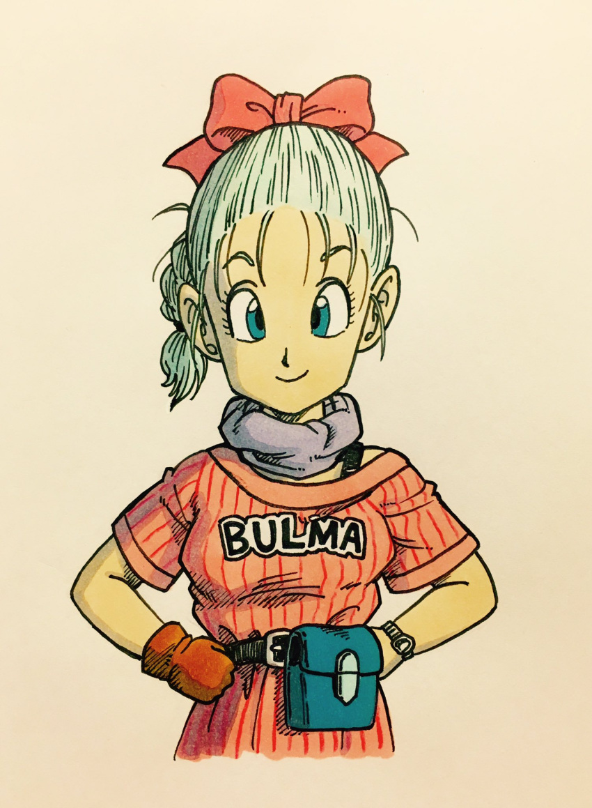 1girl aqua_hair arms_at_sides belt blue_eyes braid brown_gloves bulma character_name clothes_writing commentary_request dragon_ball dragon_ball_(classic) eyelashes fanny_pack gloves hair_ribbon hand_on_hip happy highres lee_(dragon_garou) pink_ribbon pink_shirt purple_scarf ribbon scarf shaded_face shirt simple_background smile solo_focus striped striped_shirt upper_body vertical-striped_shirt vertical_stripes watch watch