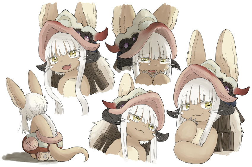 1girl animal_ears commentary crying fangs from_behind furry hand_on_own_chin helmet horizontal_pupils kawasemi27 looking_at_viewer looking_down made_in_abyss medium_hair multiple_views nanachi_(made_in_abyss) open_mouth pants paws pocket poses short_hair_with_long_locks side_locks sidelocks simple_background smirk squatting tail tears upper_body white_background yellow_eyes
