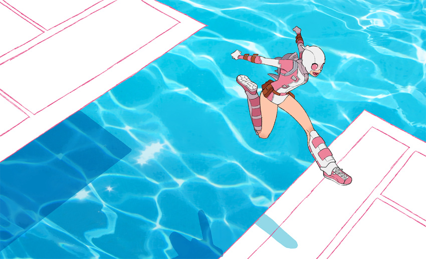 1girl commentary english_commentary gurihiru gwen_poole gwenpool jumping leotard marvel mask pages pink_footwear pool shin_guards shoes smile sneakers superhero water