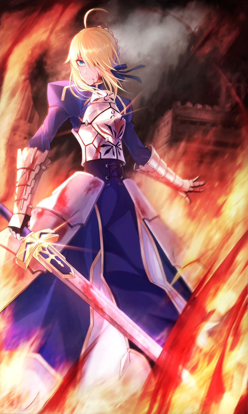 1girl 333_(pixiv8601259) absurdres ahoge armor armored_dress artoria_pendragon_(all) blonde_hair blood blood_on_face bloody_clothes bloody_dress bloody_weapon blue_dress blue_eyes blue_ribbon breastplate castle dress excalibur fate/stay_night fate_(series) fire gauntlets hair_over_one_eye hair_ribbon highres holding holding_sword holding_weapon long_hair outdoors ribbon saber sidelocks solo sparkle standing sword tied_hair weapon