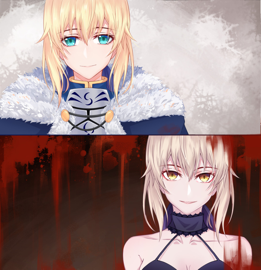 2girls 333_(pixiv8601259) absurdres aqua_eyes artoria_pendragon_(all) blonde_hair blood blood_splatter breastplate breasts choker cleavage collarbone dual_persona eyebrows_visible_through_hair fur_trim hair_between_eyes halterneck highres looking_at_viewer multiple_girls parted_lips portrait saber saber_alter sidelocks silver_hair sleeveless small_breasts smile yellow_eyes