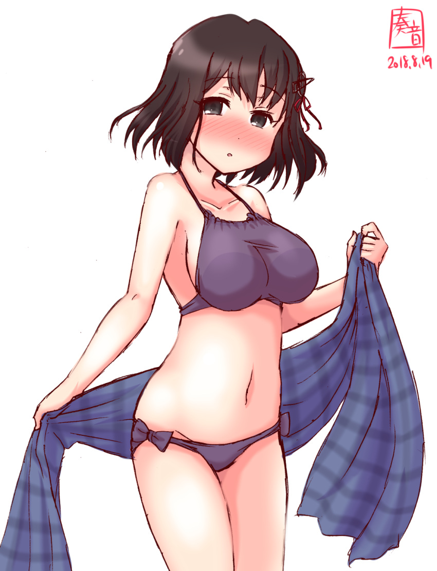1girl artist_logo bikini black_hair blush brown_eyes collarbone commentary_request dated embarrassed haguro_(kantai_collection) hair_ornament halter_top halterneck highres kanon_(kurogane_knights) kantai_collection looking_at_viewer plaid_sarong purple_bikini purple_sarong sarong short_hair side-tie_bikini simple_background solo standing swimsuit white_background