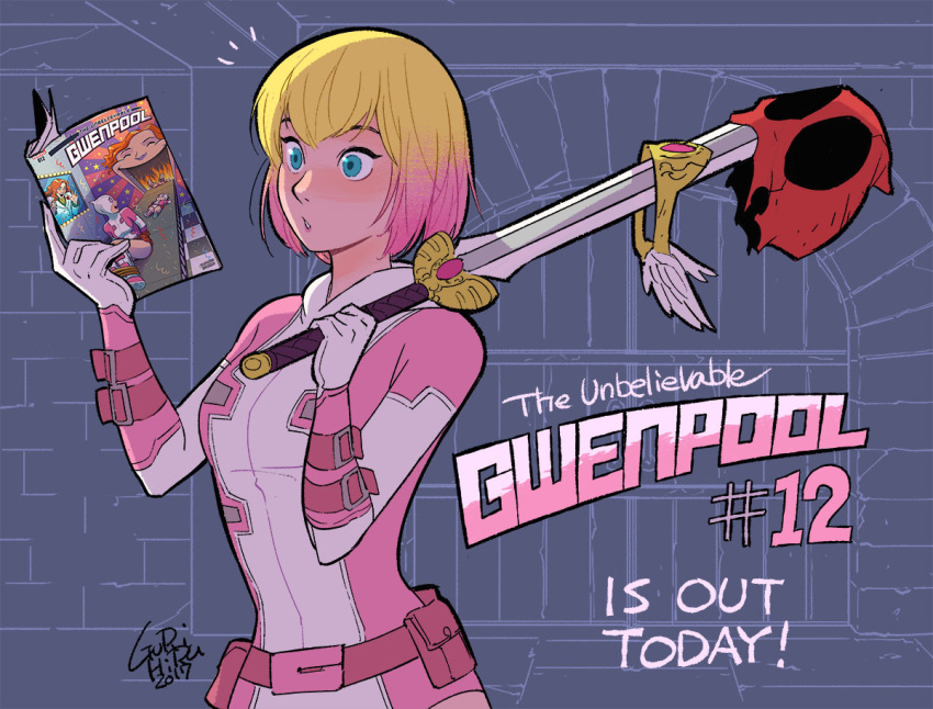 1girl :o aqua_eyes artist_name blonde_hair bound breasts english fire gurihiru gwen_poole gwenpool leotard manga_(object) marvel mask mask_removed multicolored_hair open_mouth pink_hair pouch reading rope signature small_breasts solo sword tiara tied_up two-tone_hair upper_body weapon