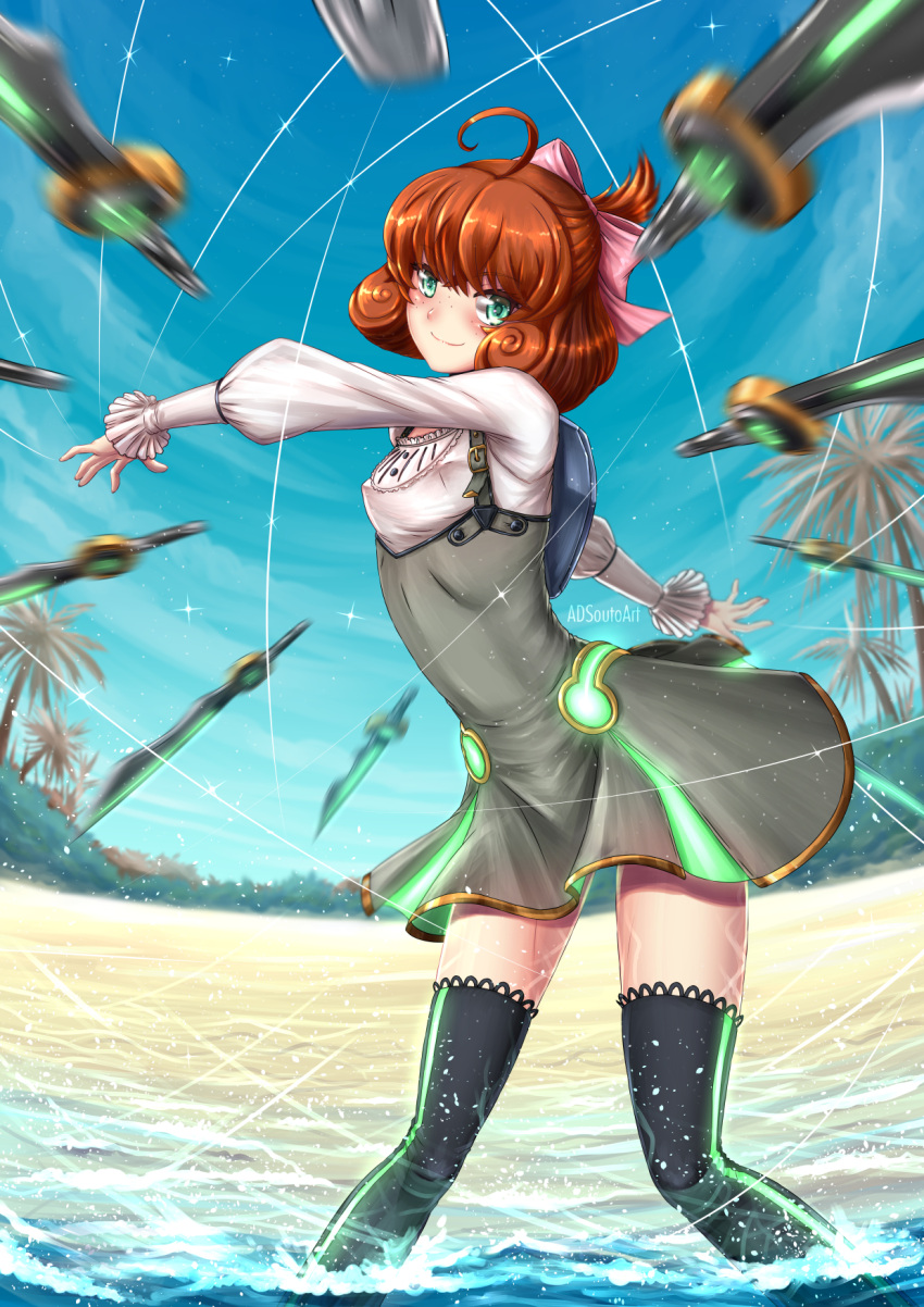 1girl adsouto ahoge beach blue_sky blush bow brown_hair curly_hair dress eyebrows_visible_through_hair freckles glowing green_eyes hair_bow highres looking_at_viewer motion_blur palm_tree penny_polendina rwby short_hair sky smile solo sword thigh-highs tree water watermark weapon