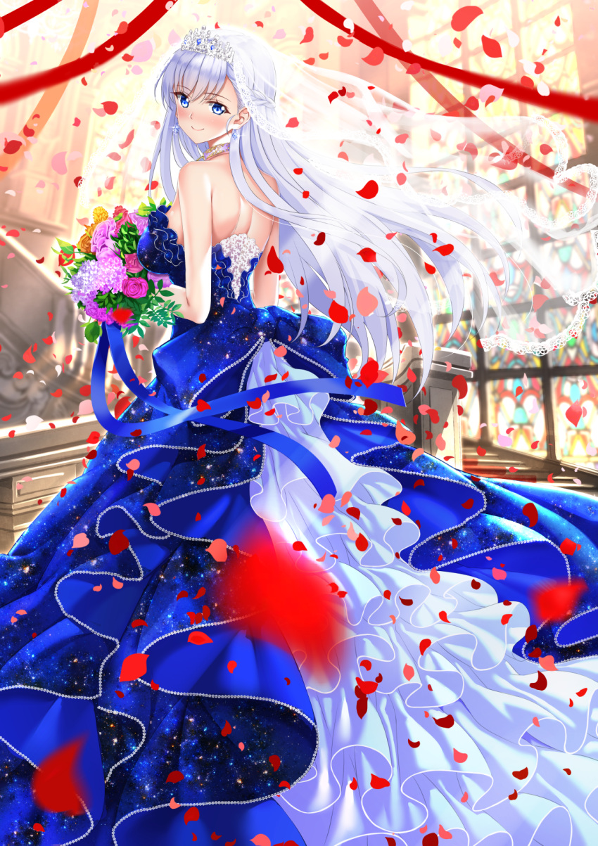 1girl azur_lane backless_dress backless_outfit bangs bare_shoulders belfast_(azur_lane) blue_dress blue_eyes blue_ribbon blurry blurry_background blurry_foreground blush bouquet breasts brown_flower brown_rose closed_mouth commentary_request detached_sleeves dress earrings eyebrows_visible_through_hair flower glint hair_between_eyes head_tilt highres holding holding_bouquet indoors jewelry large_breasts long_hair looking_at_viewer looking_back petals pink_flower pink_rose purple_flower purple_rose red_ribbon ribbon rose see-through silver_hair smile solo stairs standing strapless strapless_dress swordsouls tiara veil very_long_hair yellow_flower