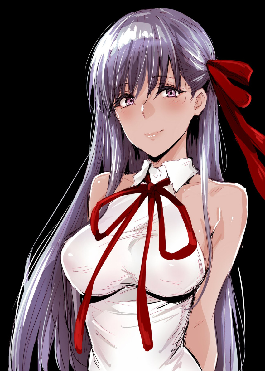 bare_shoulders bb_(fate/extra_ccc) black_background breasts commentary fate/extra fate/extra_ccc fate/grand_order fate_(series) hair_ribbon highres large_breasts long_hair looking_at_viewer napata purple_hair ribbon simple_background sleeveless smile symbol_commentary violet_eyes